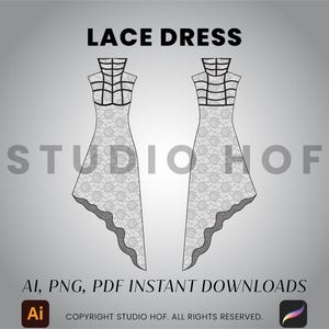 LACE DRESS - Illustrator and Procreate .ai, .png and .pdf Fashion cad, Fashion Flat Sketch, Fashion Mockup