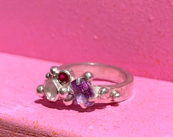 ANGELICA granule ring | Sterling silver, rose quartz, alexandrite, ruby | Colourful gemstone ring | Size M 1/2