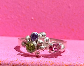 AOIFE granule ring | Sterling silver, pink topaz, peridot, nano crystal | Colourful gemstone ring | Size P