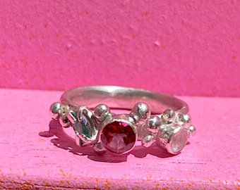 ALAINA granule ring | Sterling silver, rose quartz, corundum, nano crystal | Colourful gemstone ring | Size P