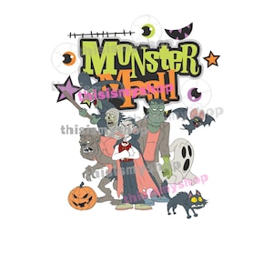 Monster Mash Halloween PNG, Classic Cartoon Horror Characters Clipart, Dracula Frankenstein Witch Ghost Art, Digital Download PNG PK028