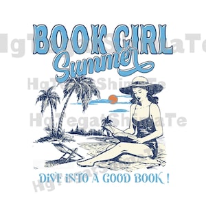 Book Girl Summer PNG, Projekt Beach Reading Club, Zabawna estetyka Bookish Vacation, Czytelnik romansów Coconut Girl Digital Download PSH092
