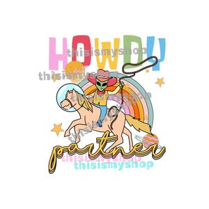 Retro Space Cowboy Alien PNG: Rainbow Western Planet Art (Digital Download)