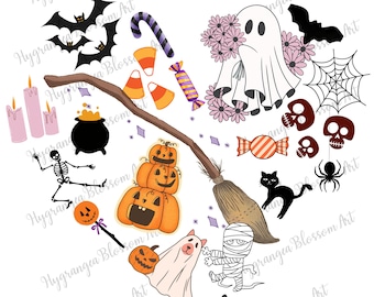May include: A colorful illustration of Halloween themed items, including a broom, a cauldron, a skeleton, pumpkins, candy, a ghost, a spider, a black cat, and skulls.