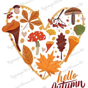 May include: A heart-shaped arrangement of autumnal elements, including leaves, mushrooms, berries, and acorns. The text "hello autumn" is written in a stylized font below the arrangement.