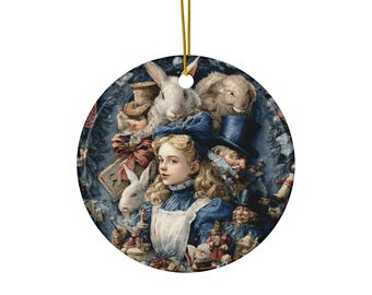 Alice in Wonderland Alice White Rabbit Christmas Tree Ornament, Boho Xmas Ornament, Round Ceramic Ornament.