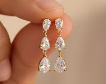 Sterling Silver Dangle Diamond Earrings, Triple Diamond Drop Earrings, Gold Earrings, Bridesmaid Gifts, Wedding Earrings, Christmas Gifts