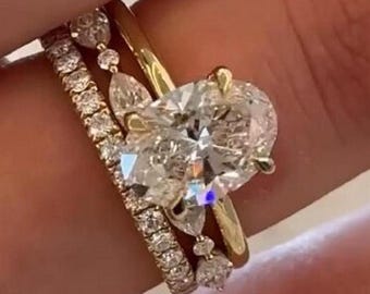 2 CT Oval Cut Moissanite Engagement Ring Set | 3 Piece 14K Gold Bridal Wedding Band | Eternity Diamond Women's Ring