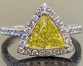 1.50 Ct Trillion Cut Canary Yellow Lab Diamond Halo Prong Set Engagement Ring Half Eternity Silver Wedding Woman Ring, Anniversary Gifts