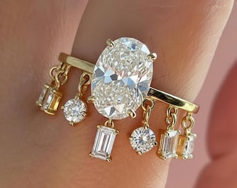 Oval Cut Moissanite Diamond Engagement Ring, Dangling Diamonds Charm Ring, Solid Gold Diamond Dangling Ring, Dangling Diamond Statement Ring