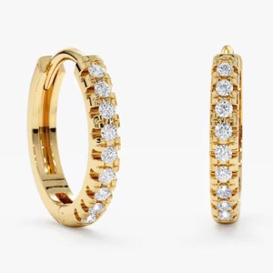 Huggies en or massif avec diamants 14 carats, mini créoles en or massif, petites boucles d'oreilles Huggie en or diamant, vendues par paire, petites boucles d'oreilles