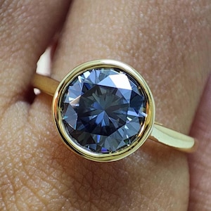 Bezel Set Round Cut Engagement Ring 14k Solid Gold 2 Ct Grey Moissanite Ring Solitaire Gray Moissanite Ring Diamond Promise Ring for Women