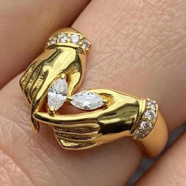 18K Gold Two Hands Ring, Marquise Lab Diamond Victorian Art Deco Ring