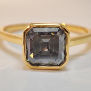 Gray Asscher Cut Moissanite Engagement Ring Solitaire Grey Moissanite Diamond Gold Ring, Bezel Set Unique Wedding Anniversary Gift for Women