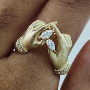 14K Yellow Gold Holding Vintage Ring For Romantic ring Wedding Ring Marquise Cut White Lab Diamond Two Hands Victorian Ring Art Deco Ring
