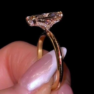 Elongated Cushion Cut Moissanite Engagement Ring, 10K/14K Solid Gold Hidden Halo Diamond Ring