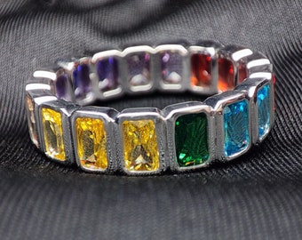 Multi color Diamond Ring Multiple Gemstone Sterling Silver Ring Rainbow Radiant sapphire Eternity Band Ring, amethyst tourmaline topaz Stone