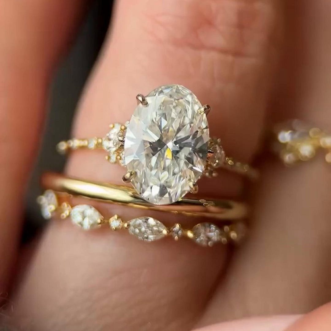 Oval Moissanite Engagement Ring Set, 14K Solid Yellow Gold Solitaire ...