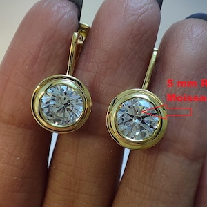Genuine VVS1 Clarity G Color Solitaire Earrings Bezel Set Diamond Leverback Earrings 14k Gold 5 mm White Moissanite Alternative Jewelry