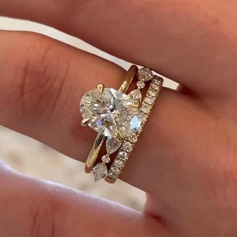 2 CT Oval Cut Moissanite Engagement Ring Set | 3 Piece 14K Gold Bridal ...