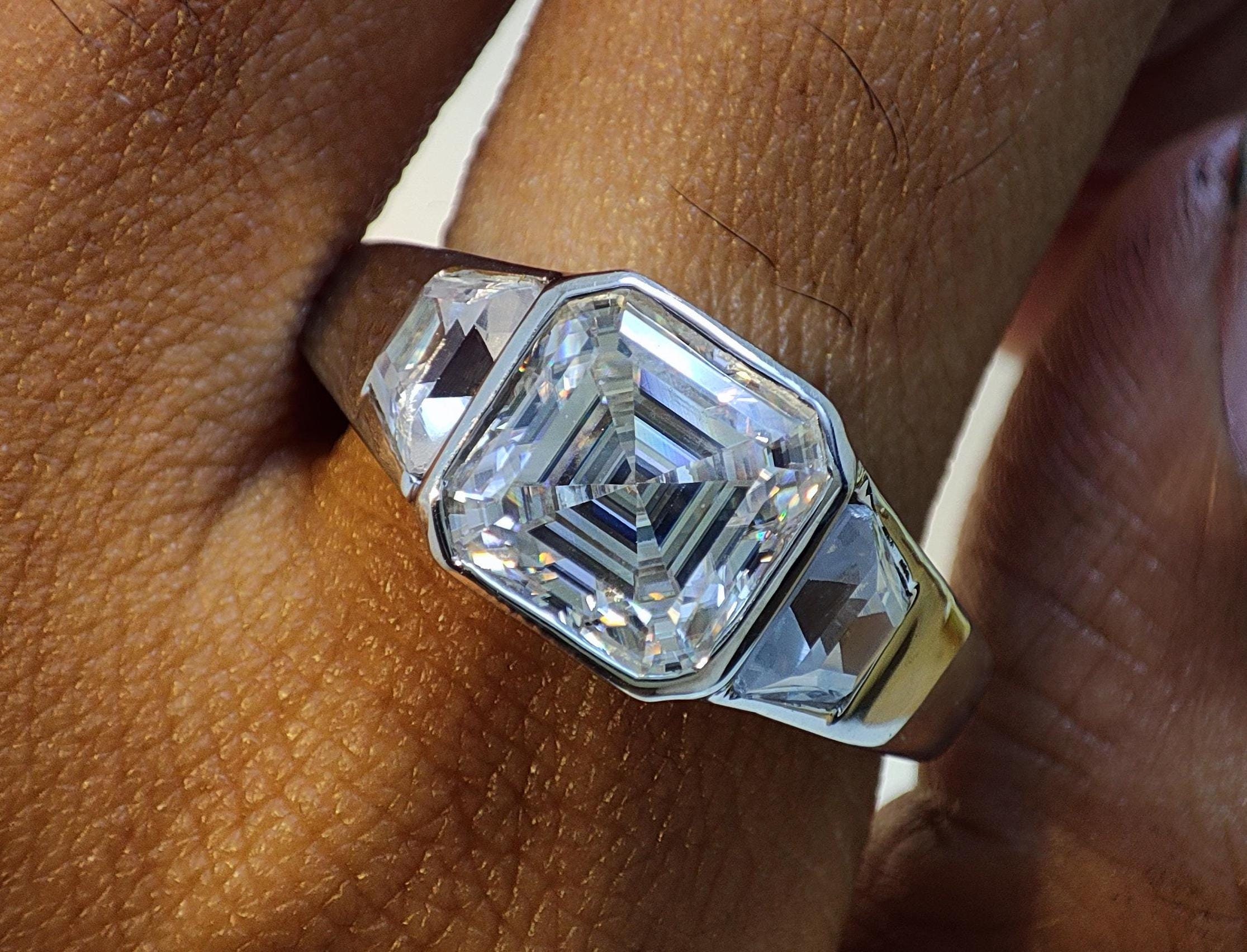 14K Gold Asscher Cut 3 Ct Diamond Engagement Signet Ring For Anniversary Gift Men Vintage Bezel set Moissanite Wedding Ring Gift for Him