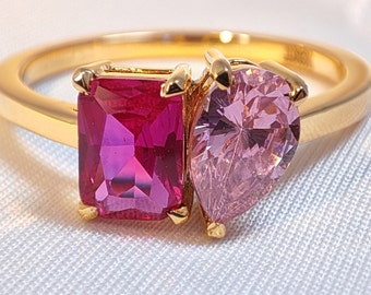 10K Rose Gold Toi It Moi Ring Pink Pear & Radiant Cut Ruby Lab Diamond Ring Prong Set Two Stone Barbie Ring Gift For Mother, Birthstone Ring