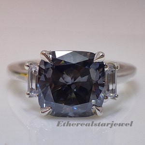 Grey Moissanite Ring, 2Ct Cushion Gray Moissanite Engagement Ring, 925 Sterling Silver Wedding Ring, Three Stone Anniversary Gift For Women
