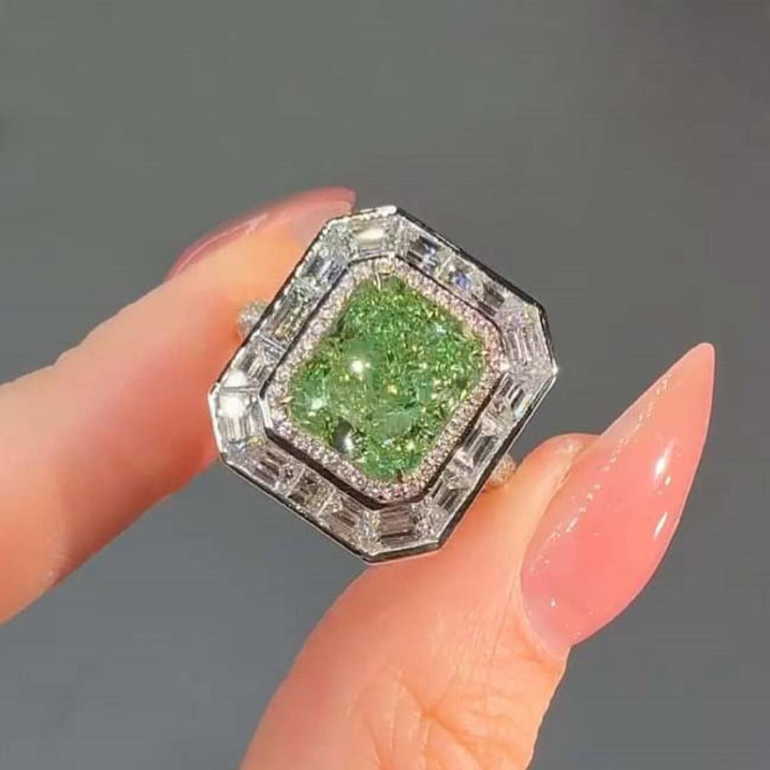 Radiant Cut Green Diamond Halo Engagement Ring Vintage 14K Gold - Etsy