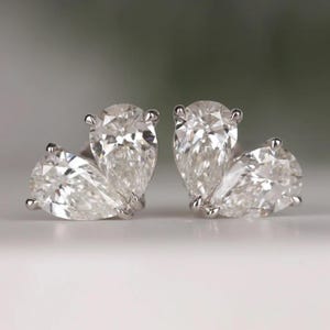 Toi It Moi Stud Earring Two Stone Pear Cut Moissanite Earring Push Back Minimalist 14K Gold Wedding Earring Diamond Earring Anniversary Gift