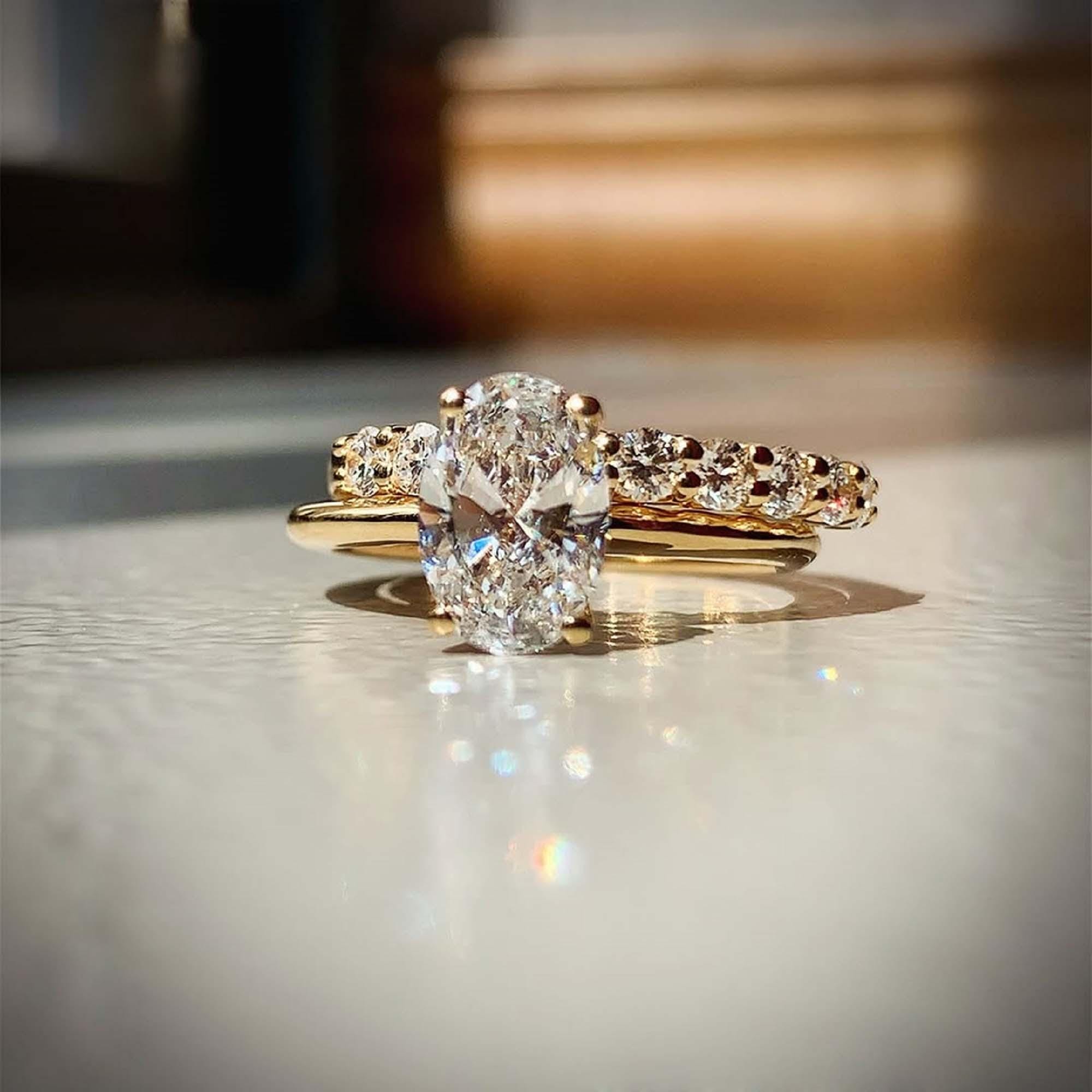 14K Solid Gold Oval Moissanite Engagement Ring Set, 14K Yellow Gold ...