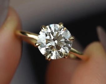 14K Gold 6-Prong Moissanite Engagement Ring: 1-2 CT Round Cut Solitaire Ring