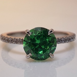 Round Cut Lab Diamond Ring Swarovski Emerald Ring May Birthstone Ring, Eternity Prong Set Ring, 14K White Gold Minimalist Green Emerald Ring