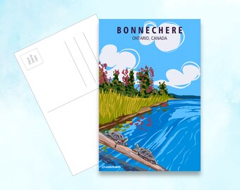 May include: A postcard featuring a stylized illustration of Bonnechere, Ontario, Canada. The image shows two turtles resting on a log in blue water, with green reeds, trees, and white clouds in a blue sky. The text reads BONNECHERE ONTARIO, CANADA.