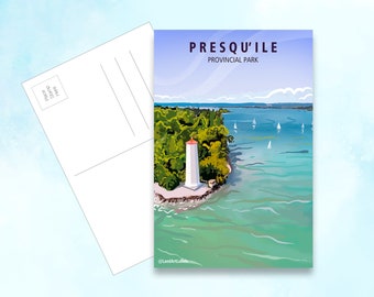 May include: A postcard featuring a graphic illustration of Presqu'ile Provincial Park with a white lighthouse, green trees, and blue water with sailboats. The text reads PRESQU'ILE PROVINCIAL PARK at the top and @LandArtLabels at the bottom.
