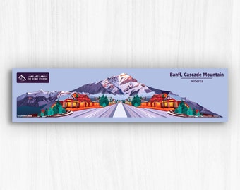 Puede incluir: Una ilustración colorida de un pueblo de montaña con una montaña cubierta de nieve en el fondo. El texto "Banff, Cascade Mountain, Alberta" está en la parte superior de la imagen.