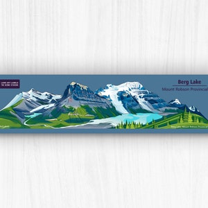 Peut inclure: Une illustration colorée de Berg Lake dans le parc provincial Mount Robson, en Colombie-Britannique, au Canada. L'image représente un lac bleu entouré de montagnes enneigées et d'arbres verts. Le texte "Berg Lake, Mount Robson Provincial Park" est visible en bas de l'image.