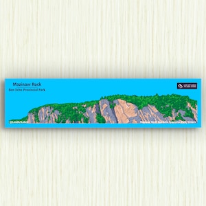May include: A blue and green illustration of Mazinaw Rock in Bon Echo Provincial Park, Ontario. The image is a long, horizontal banner with the text "Mazinaw Rock, Bon Echo Provincial Park, Ontario" at the bottom.