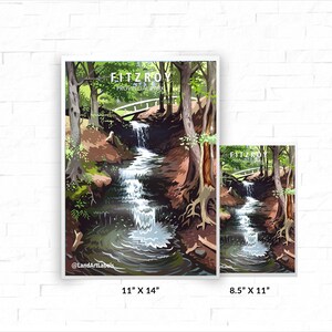 May include: Two rectangular art prints featuring a forest waterfall scene at Fitzroy Provincial Park. The illustration shows green trees, a white bridge, and cascading water. The larger print is 11 inches by 14 inches, and the smaller is 8.5 inches by 11 inches.