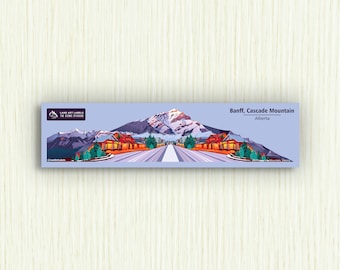 Puede incluir: Una ilustración colorida de Banff, Cascade Mountain en Alberta, Canadá. La imagen presenta una cordillera con picos cubiertos de nieve, una ciudad con casas y un camino que conduce a la montaña. El texto "Land Art Labels, The Scenic Stickers" está en la esquina superior izquierda. El texto "Banff, Cascade Mountain, Alberta" está en la esquina superior derecha.