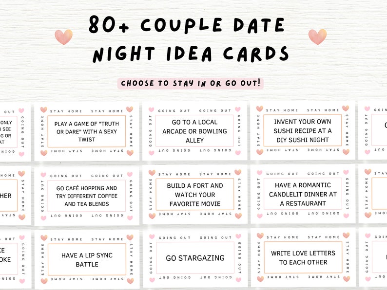 May include: A set of 12 cards with pink hearts and gold accents. Each card has a different date night idea, with options for staying in or going out. The cards include ideas like "Go to a local arcade or bowling alley", "Have a romantic candlelit dinner at a restaurant", and "Build a fort and watch your favorite movie".