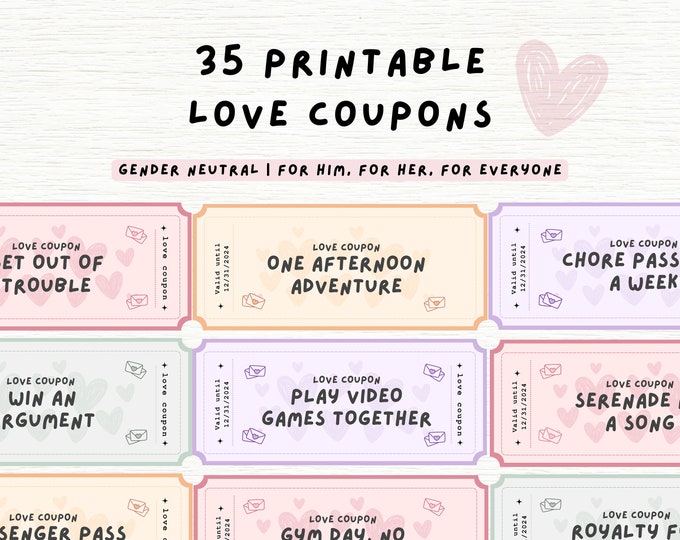 35 DIY Printable Love Coupons Book Perfect Anniversary or Valentine's Day Gift for Him or Her ...