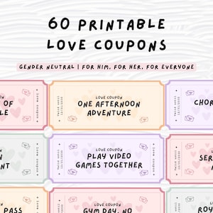 60 DIY Printable Love Coupons Book - Perfect Anniversary or Valentine's Day Gift for Him or Her - Boyfriend and Girlfriend Vouchers