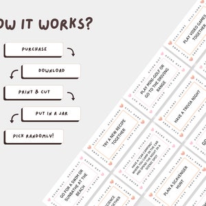 May include: A set of pink and white cards with gold trim, each with a different activity suggestion. The cards are laid out in a grid pattern, with the text "How It Works?" at the top of the image. The text on the cards includes phrases like "Play Mini-Golf or Go to the Driving Range", "Try a New Recipe Together", "Have a Trivia Night", and "Plan a Surprise Weekend Getaway".