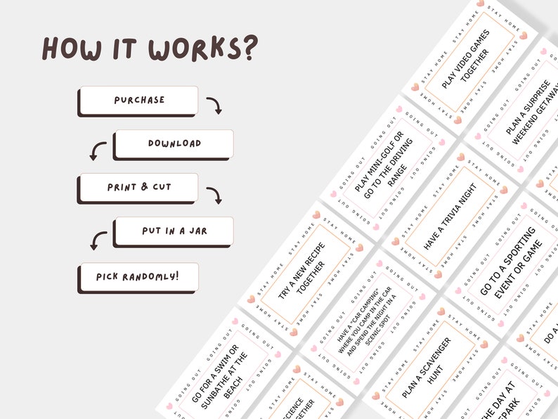 May include: A set of pink and white cards with gold trim, each with a different activity suggestion. The cards are laid out in a grid pattern, with the text "How It Works?" at the top of the image. The text on the cards includes phrases like "Play Mini-Golf or Go to the Driving Range", "Try a New Recipe Together", "Have a Trivia Night", and "Plan a Surprise Weekend Getaway".