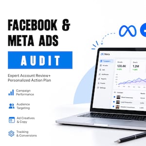 Può includere: Un computer portatile che mostra una dashboard di Meta Ads con metriche di performance, grafici e dati di campagna. Il testo recita: FACEBOOK & META ADS AUDIT, Expert Account Review+ Personalized Action Plan, Campaign Performance, Audience Targeting, Ad Creatives & Copy, Tracking & Conversions.