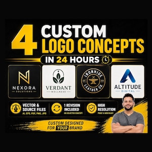 Op de afbeelding: Een grafische advertentie voor 4 aangepaste logo-concepten binnen 24 uur. Het toont vier verschillende logo-ontwerpen voor Nexora Solutions, Verdant Wellness, Ironhide Leather Co. en Altitude Digital, samen met tekst over vectorbestanden en hoge resolutie.