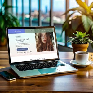 May include: A silver laptop displaying a website with the text Ava Wilson, Struggling in life? I can help, and Get Your Free Guide Now, alongside a portrait of a person. A smartphone, a white coffee cup on a saucer, and a small potted plant are nearby.