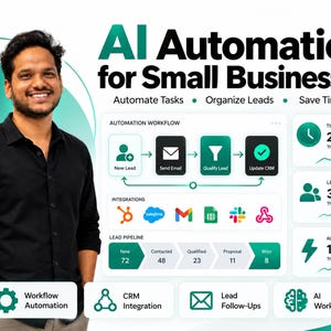 Op de afbeelding: Een digitale infographic getiteld AI Automation for Small Businesses met een glimlachend persoon in een zwart overhemd. De afbeelding toont een automatiseringsworkflow, lead-pipeline en statistieken zoals 24,6 uur bespaard en 315 leads.