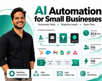 May include: A digital infographic titled AI Automation for Small Businesses featuring a smiling person in a black shirt. The graphic displays an automation workflow, lead pipeline, and metrics including 24.6 hrs saved, 315 leads captured, and 128 automations run.
