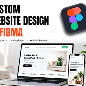 Op de afbeelding: Een digitale afbeelding met de tekst CUSTOM WEBSITE DESIGN IN FIGMA, Custom UI/UX, Landing Pages en Website Redesign. Het toont een laptop en een smartphone met een website die de kop Grow Your Business Online weergeeft.